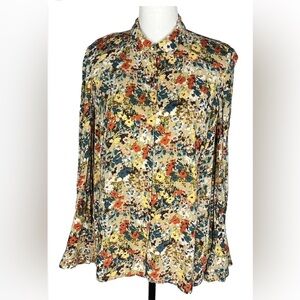 J. Jill Wheat Painterly Floral Button Up Bell Sleeve Retro Blouse Petite Small